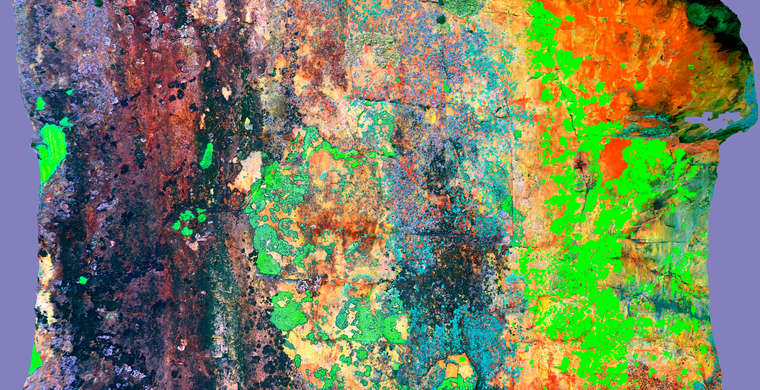 Ortofoto Canchal de la Pizarra IV, panel 1. Tratamiento DStretch YDS20 hs27.