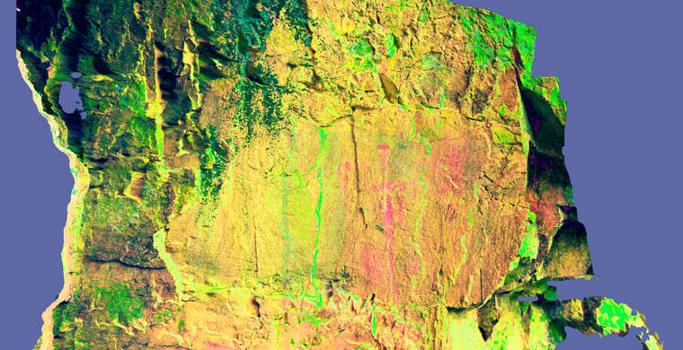 Ortoimagen Cueva del Cristo, panel 11. Tratamiento DStretch YBL25 hs30