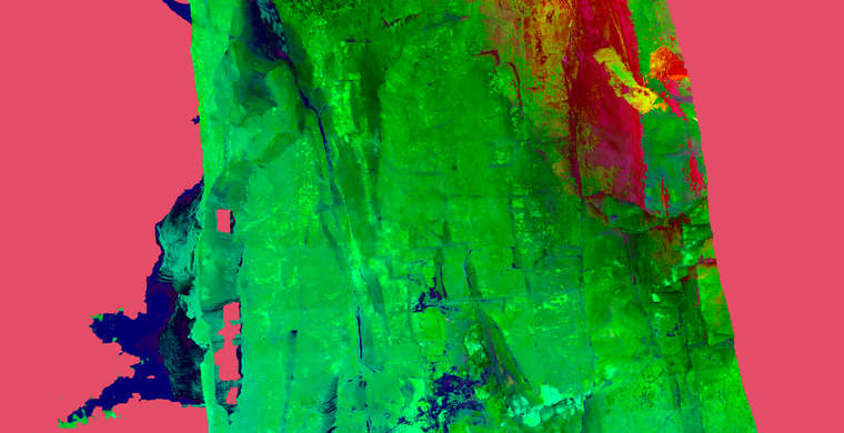 Ortoimagen Cueva del Cristo, panel 13, lateral derecho. Tratamiento DStretch CRGB15 hs58 ac tc7153 g54