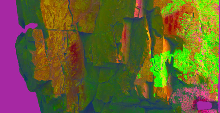 Ortoimagen Cueva del Cristo, panel 14. Tratamiento DStretch CRGB10 hs32