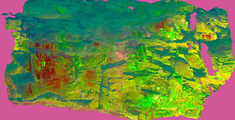 Ortoimagen Umbría del Cristo, panel 2, frontal. Tratamiento DStretch CRGB10 hs23 tc7270 g55