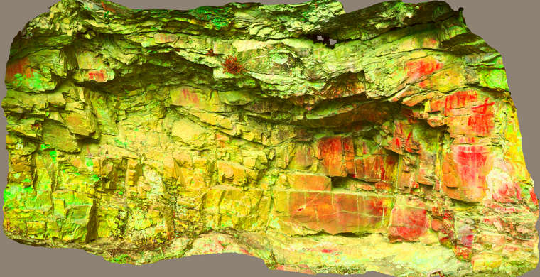 Ortoimagen Umbría del Cristo, panel 3, frontal. Tratamiento DStretch YDT10 ac hs23